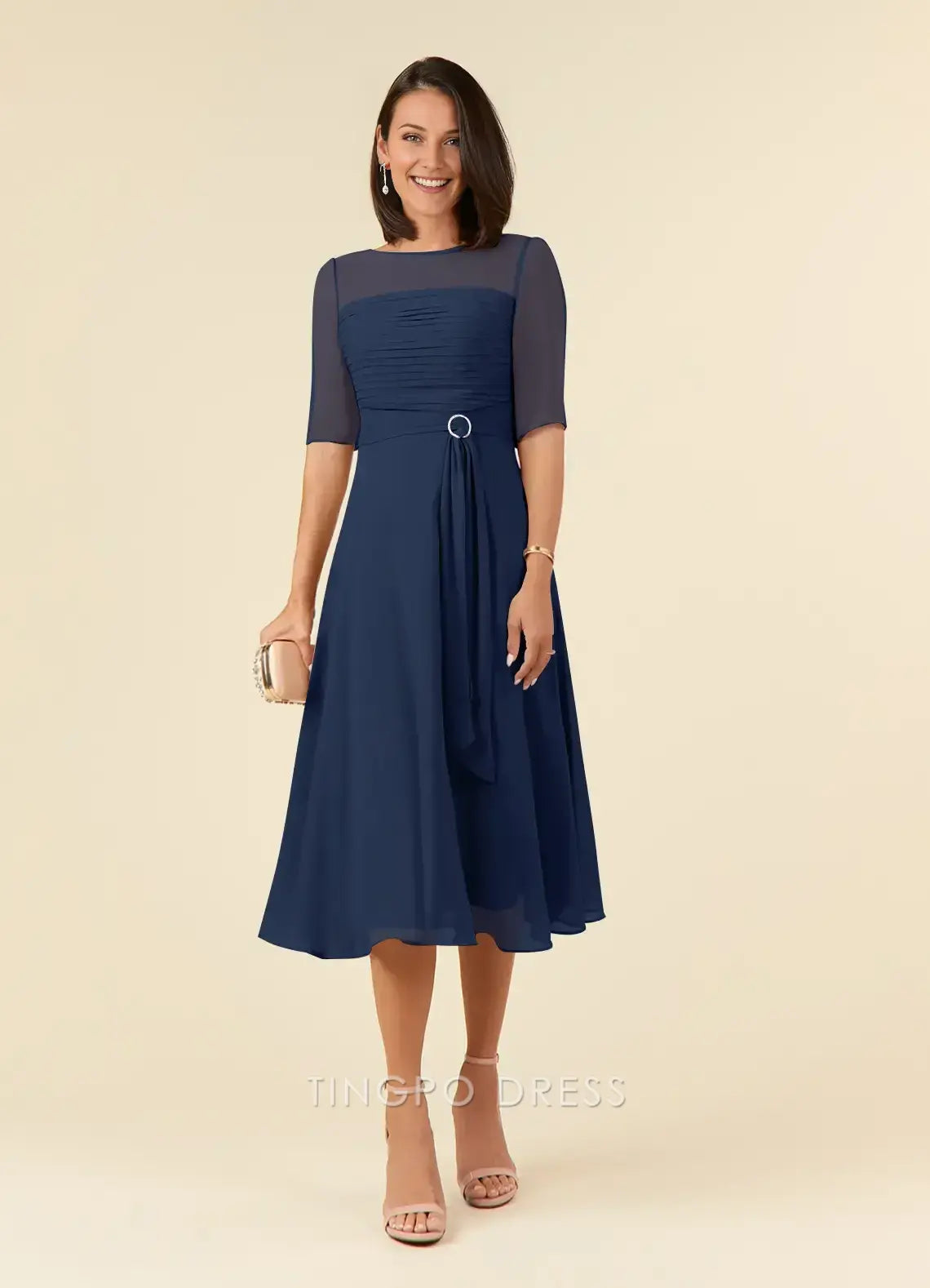 TingPo Wholesale Elegant Mother of the Bride Dark Navy A-Line Boatneck Pleated Chiffon Dress hot sale for ladies